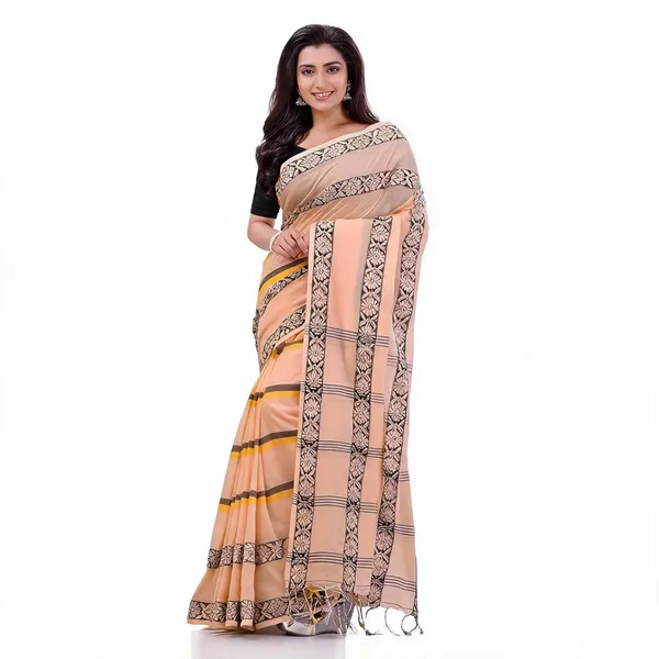 Cream_Cotton_Floral_Woven_Handloom_Saree_With_Blouse_For_Women