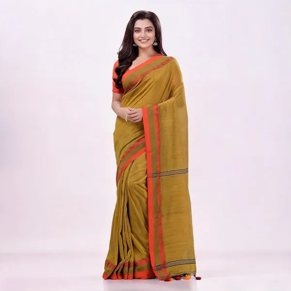 Olive_Cotton_Woven_Floral_Saree_With_Blouse_Piece_For_Women