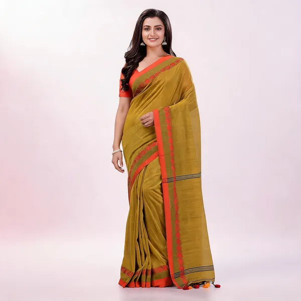 Olive_Cotton_Woven_Floral_Saree_With_Blouse_Piece_For_Women