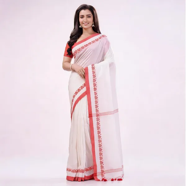 White_Cotton_Woven_Hearts_Saree_With_Blouse_Piece_For_Women