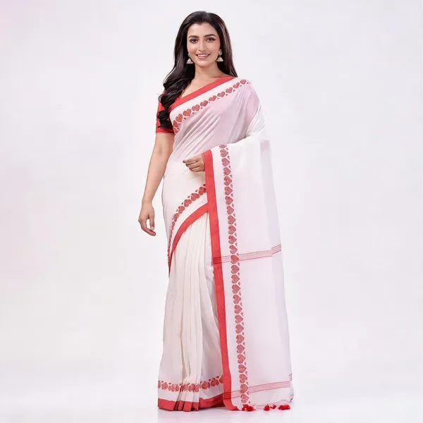 White_Cotton_Woven_Hearts_Saree_With_Blouse_Piece_For_Women