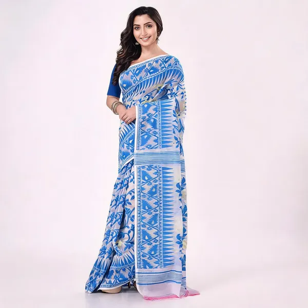 Blue_Cotton_Handloom_Resham_Jamdani_Saree_For_Women