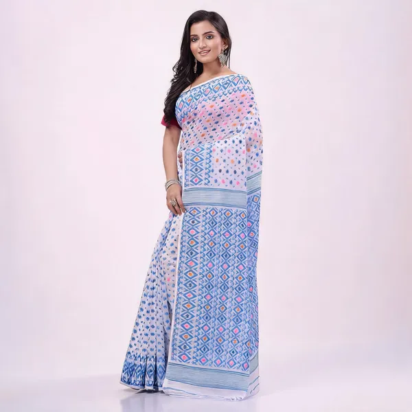 Blue_White_Cotton_Resham_Jamdani_Handloom_Geometric_Saree_For_Women
