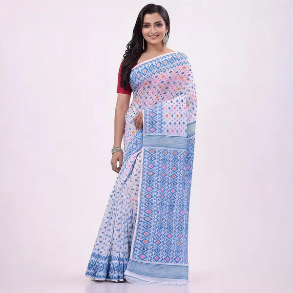Blue_White_Cotton_Resham_Jamdani_Handloom_Geometric_Saree_For_Women