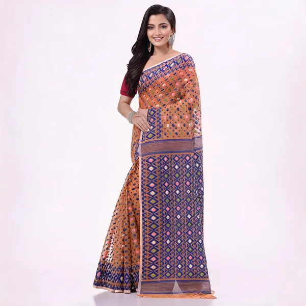Orange_Blue_Cotton_Floral_Resham_Jamdani_Saree_For_Women