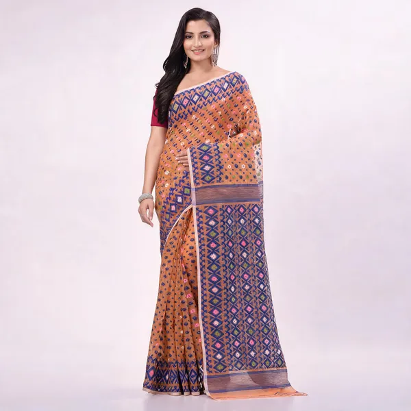 Orange_Blue_Cotton_Floral_Resham_Jamdani_Saree_For_Women