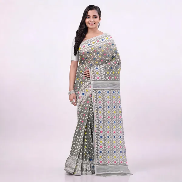 White_Grey_Cotton_Geometric_Resham_Jamdani_Woven_Saree_For_Women