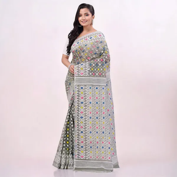 White_Grey_Cotton_Geometric_Resham_Jamdani_Woven_Saree_For_Women