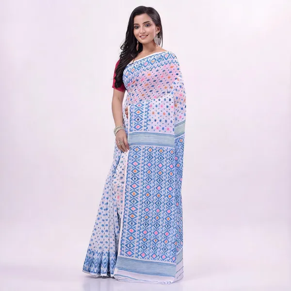 Blue_White_Cotton_Woven_Geometric_Jamdani_Saree_For_Women