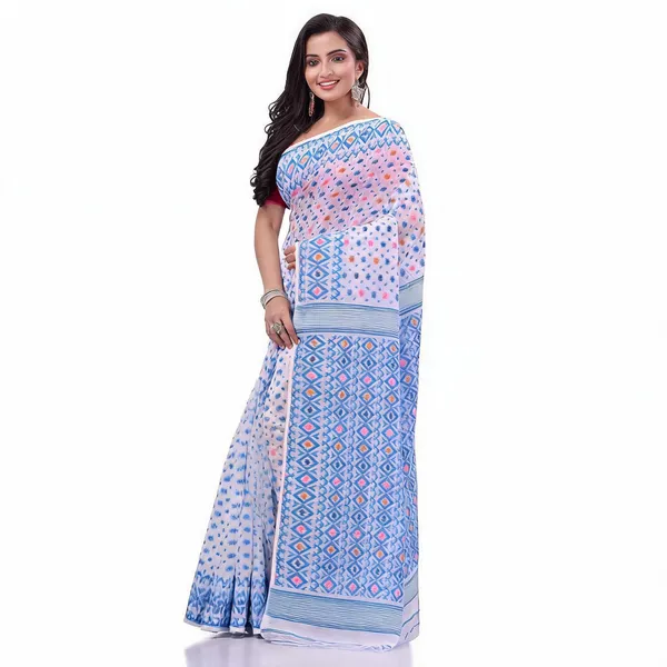 Blue_White_Cotton_Woven_Geometric_Jamdani_Saree_For_Women