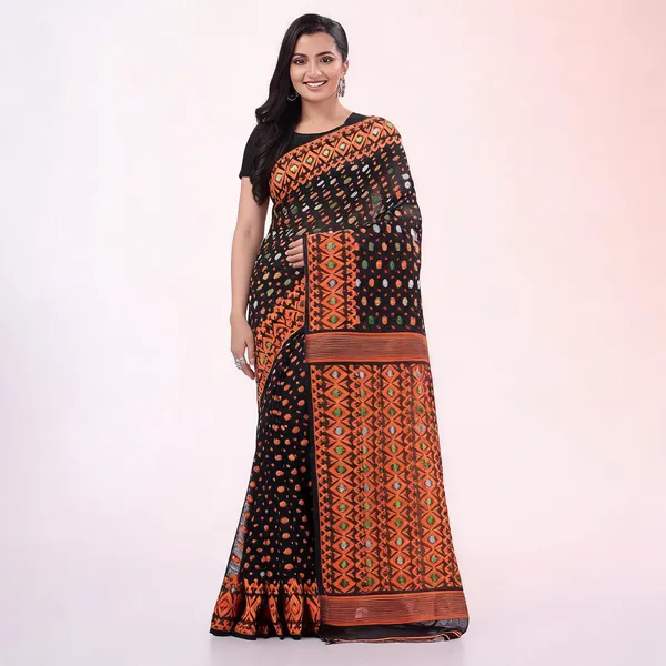 Black_Brown_Cotton_Woven_Jamdani_Resham_Saree_For_Women