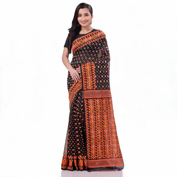 Black_Brown_Cotton_Woven_Jamdani_Resham_Saree_For_Women