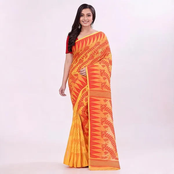 Red_Yellow_Cotton_Woven_Jamdani_Saree_For_Women