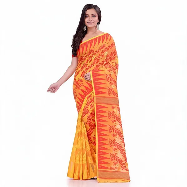 Red_Yellow_Cotton_Woven_Jamdani_Saree_For_Women