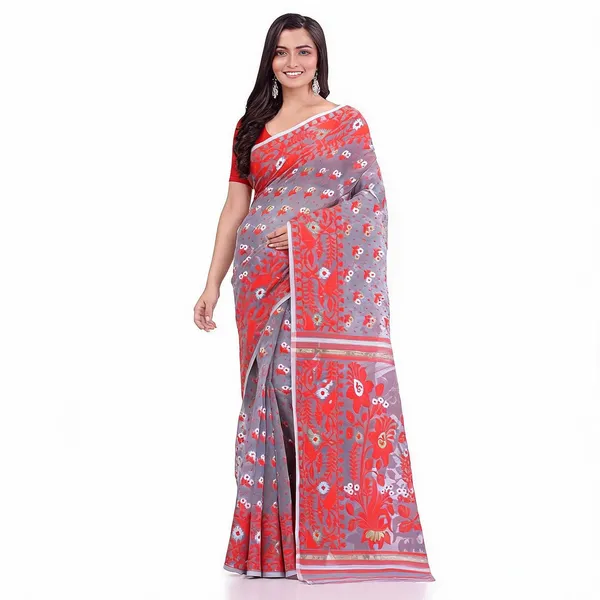 Grey_Red_Cotton_Woven_Dhakai_Jamdani_Floral_Saree_For_Women
