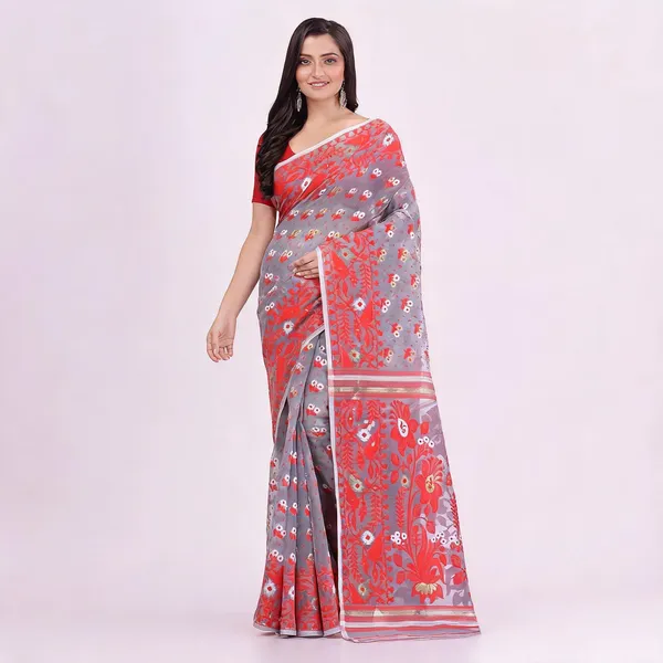 Grey_Red_Cotton_Woven_Dhakai_Jamdani_Floral_Saree_For_Women
