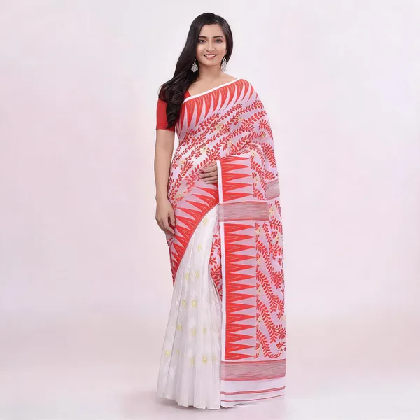 Red_White_Cotton_Woven_Floral_Jamdani_Saree_With_Blouse_For_Women