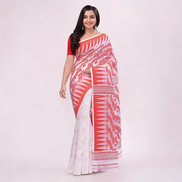 Red_White_Cotton_Woven_Floral_Jamdani_Saree_With_Blouse_For_Women