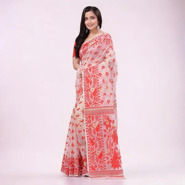 Orange_White_Cotton_Woven_Dhakai_Jamdani_Floral_Saree_For_Women