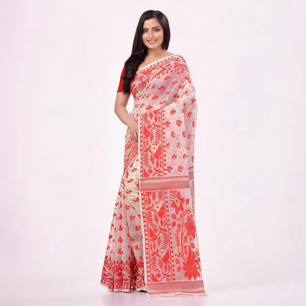 Orange_White_Cotton_Woven_Dhakai_Jamdani_Floral_Saree_For_Women