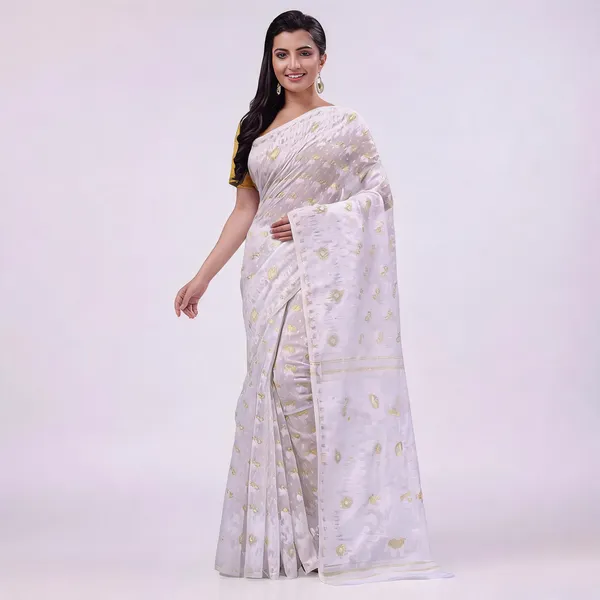 Off_White_Cotton_Woven_Dhakai_Jamdani_Floral_Saree_For_Women