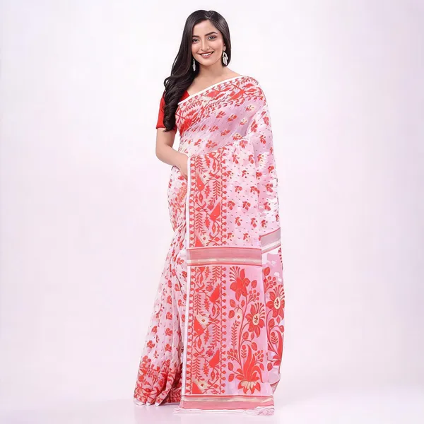 Red_White_Cotton_Woven_Dhakai_Jamdani_Floral_Saree_For_Women