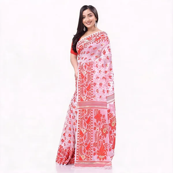 Red_White_Cotton_Woven_Dhakai_Jamdani_Floral_Saree_For_Women