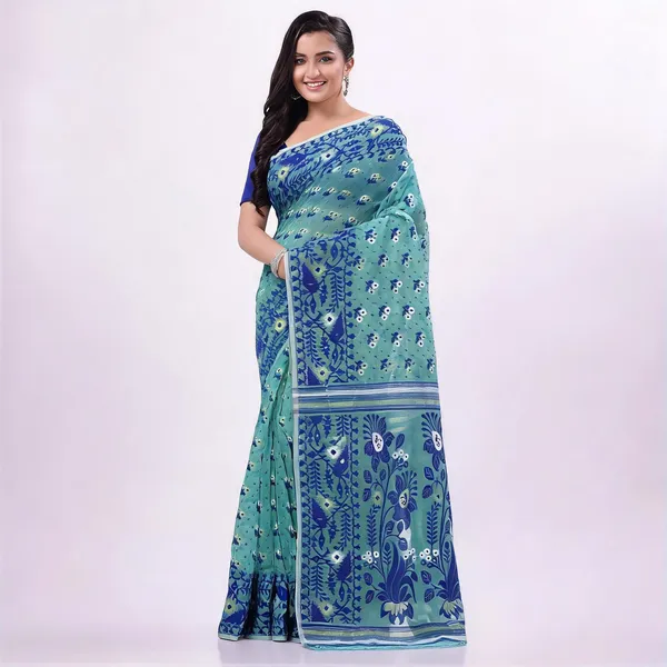 Firoza_Blue_Cotton_Woven_Dhakai_Jamdani_Floral_Saree_For_Women