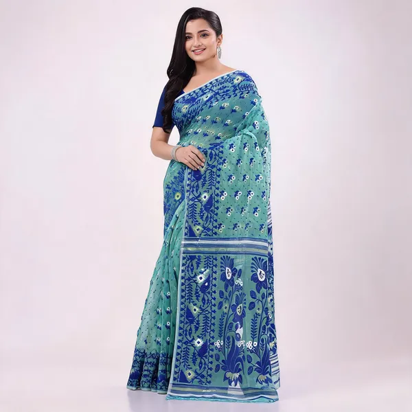 Firoza_Blue_Cotton_Woven_Dhakai_Jamdani_Floral_Saree_For_Women