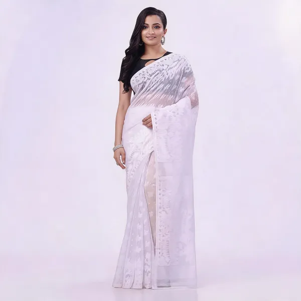 White_Cotton_Woven_Dhakai_Jamdani_Floral_Saree_For_Women