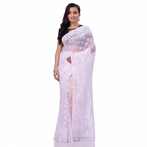 White_Cotton_Woven_Dhakai_Jamdani_Floral_Saree_For_Women