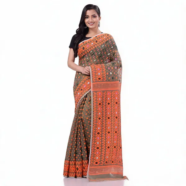 Grey_Orange_Cotton_Handloom_Woven_Floral_Jamdani_Saree_For_Women