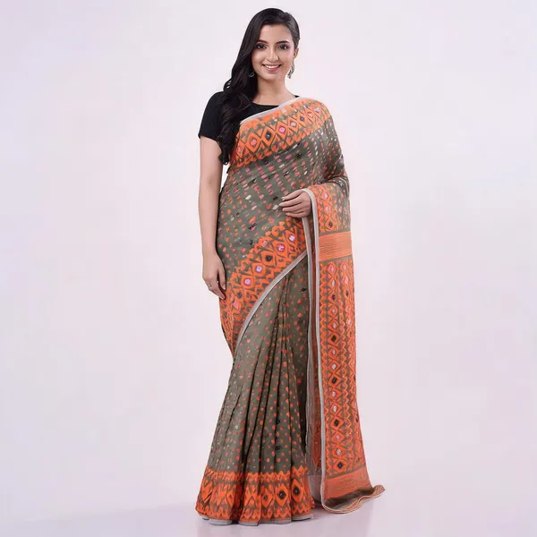 Grey_Orange_Cotton_Handloom_Woven_Floral_Jamdani_Saree_For_Women