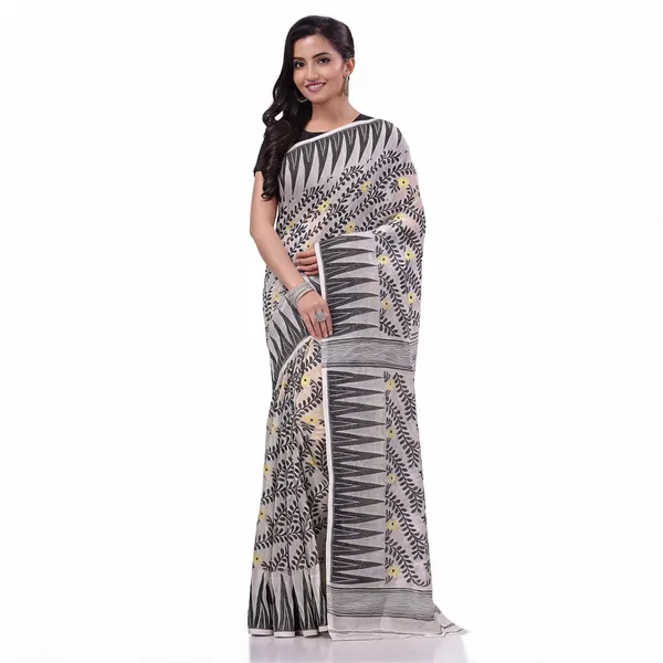 Black_White_Cotton_Woven_Floral_Jamdani_Handloom_Saree_For_Women