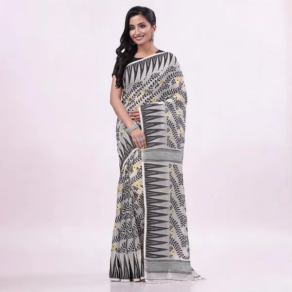 Black_White_Cotton_Woven_Floral_Jamdani_Handloom_Saree_For_Women