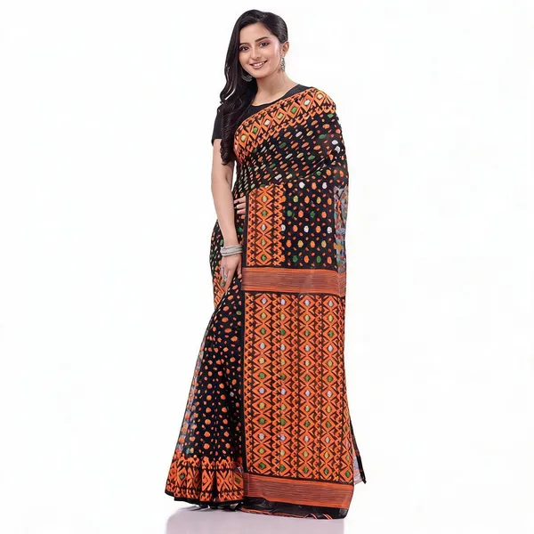 Black_Orange_Cotton_Jamdani_Handloom_Floral_Saree_For_Women
