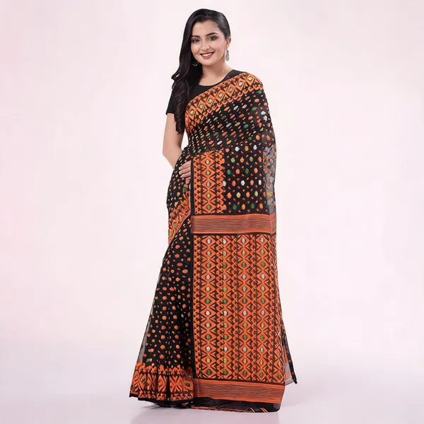 Black_Orange_Cotton_Jamdani_Handloom_Floral_Saree_For_Women