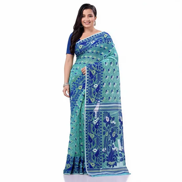 Firoza_Blue_Cotton_Floral_Jamdani_Handloom_Saree_For_Women