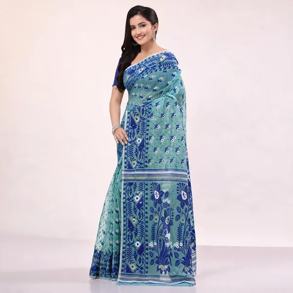 Firoza_Blue_Cotton_Floral_Jamdani_Handloom_Saree_For_Women