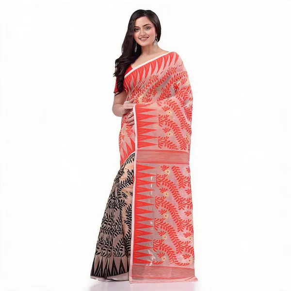Red_Black_Cotton_Woven_Jamdani_Saree_For_Women