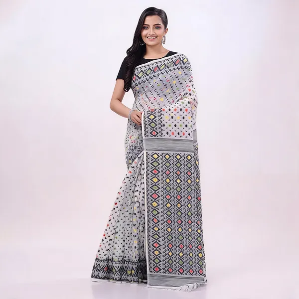 White_Black_Cotton_Woven_Jamdani_Resham_Saree_For_Women