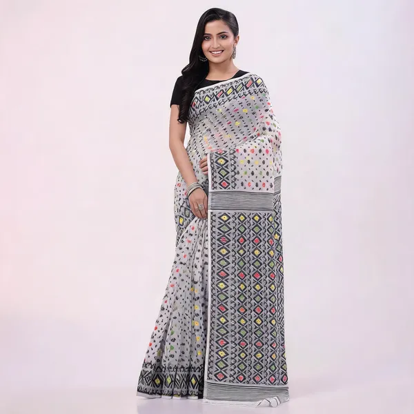 White_Black_Cotton_Woven_Jamdani_Resham_Saree_For_Women