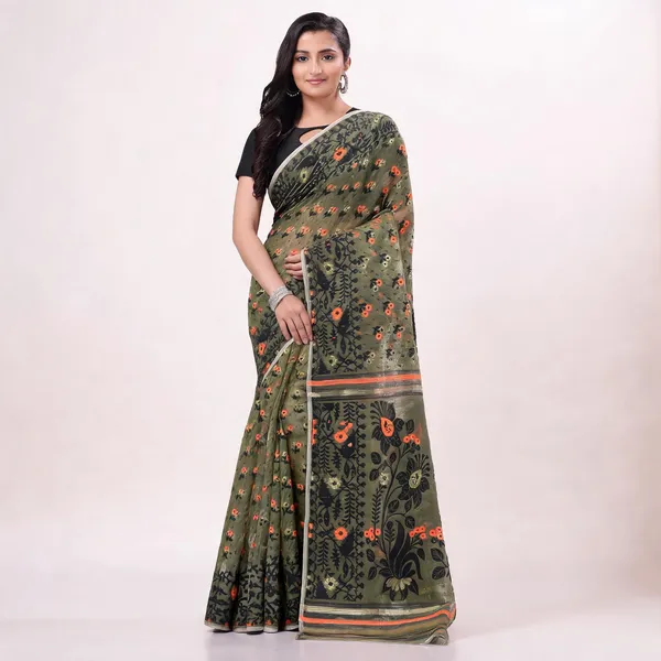 Moss_Green_Orange_Cotton_Woven_Jamdani_Floral_Saree_For_Women