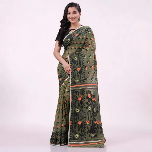 Moss_Green_Orange_Cotton_Woven_Jamdani_Floral_Saree_For_Women