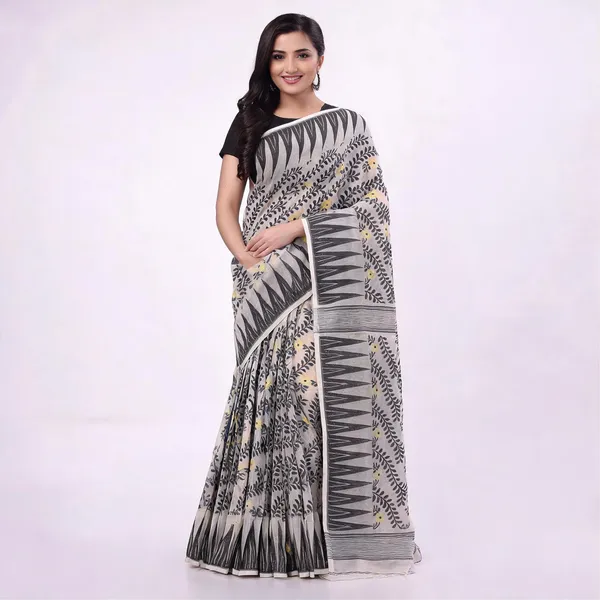 Black_White_Cotton_Resham_Floral_Jamdani_Saree_For_Women