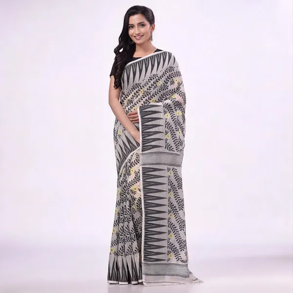 Black_White_Cotton_Resham_Floral_Jamdani_Saree_For_Women