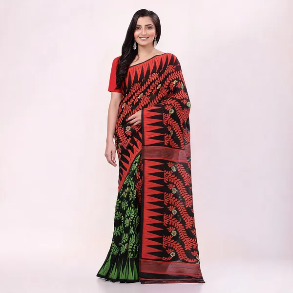 Red_Green_Cotton_Woven_Jamdani_Handloom_Saree_For_Women