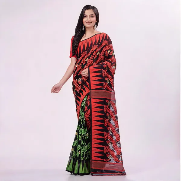 Red_Green_Cotton_Woven_Jamdani_Handloom_Saree_For_Women