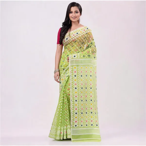 Green_White_Cotton_Floral_Jamdani_Resham_Saree_For_Women