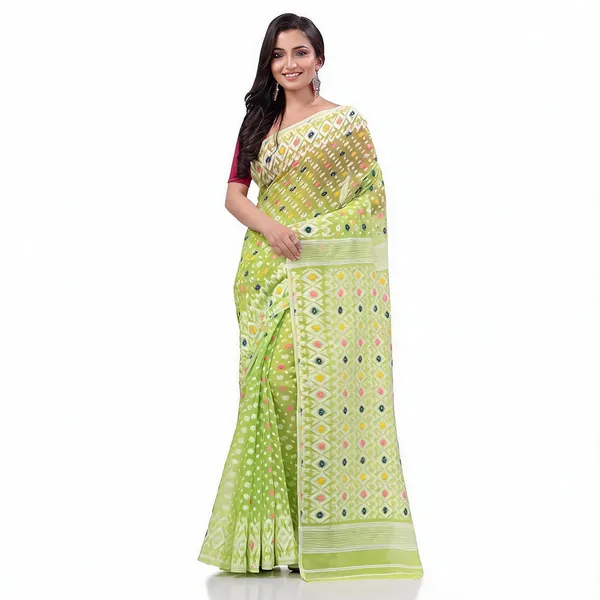Green_White_Cotton_Floral_Jamdani_Resham_Saree_For_Women